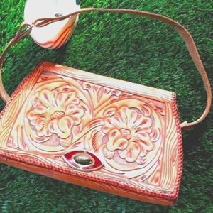 70's Vtg Hippie Floral Multi Leather Patterns Hand Painted Beach Tooled Purse
